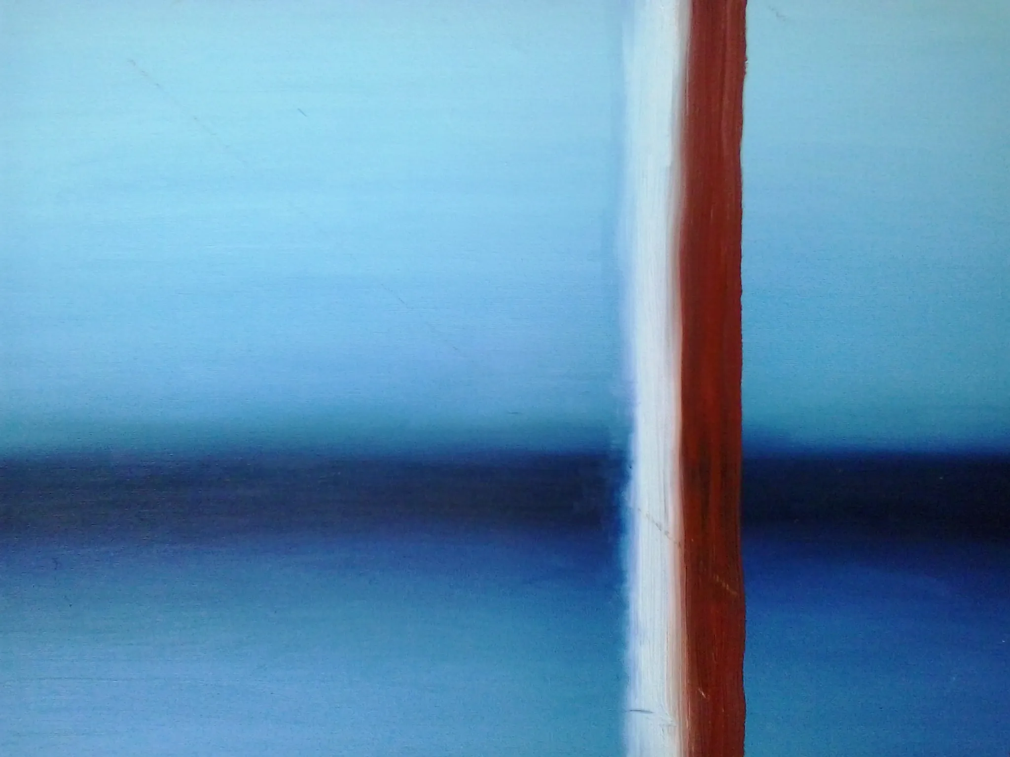 Painting of a dusk blue sky with a vertical red and white stripe crossing down.